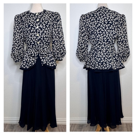 Richard Warren Dresses & Skirts - Richard Warren Women Silk Skirt Set Vintage Size 10 Floral Navy Dynasty Glam 80s